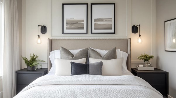 چیدمان اتاق خواب مستطیل: تخت در گوشه (برای اتاق‌ های کوچک یا چند منظوره)